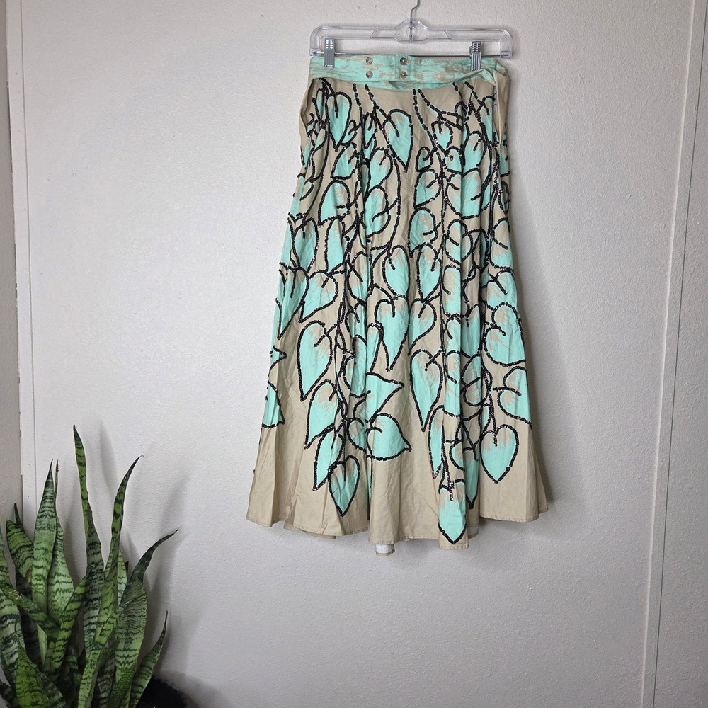 Mali Parmi Skirt Small Leaf Print Sequin A-Line‎ Midi Beige Aqua